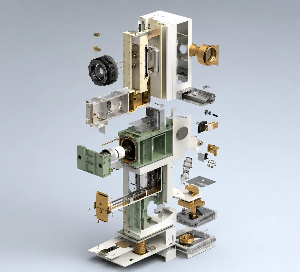 Exploded 3D view of an industrial machine assembly and its internal components